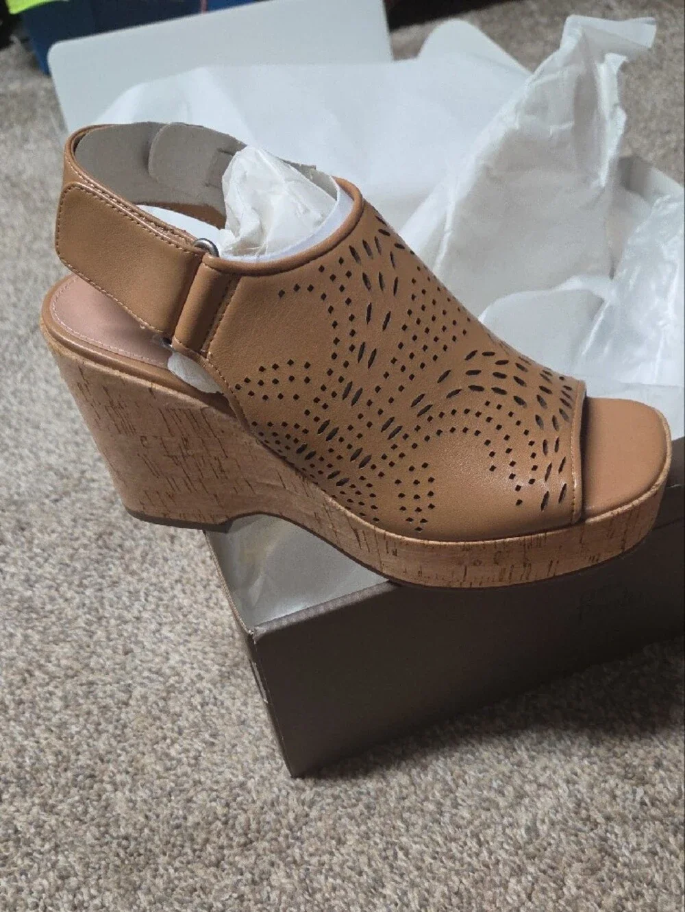 Paolo Tan Laser-Cut Cork Wedge Slingback Sandals